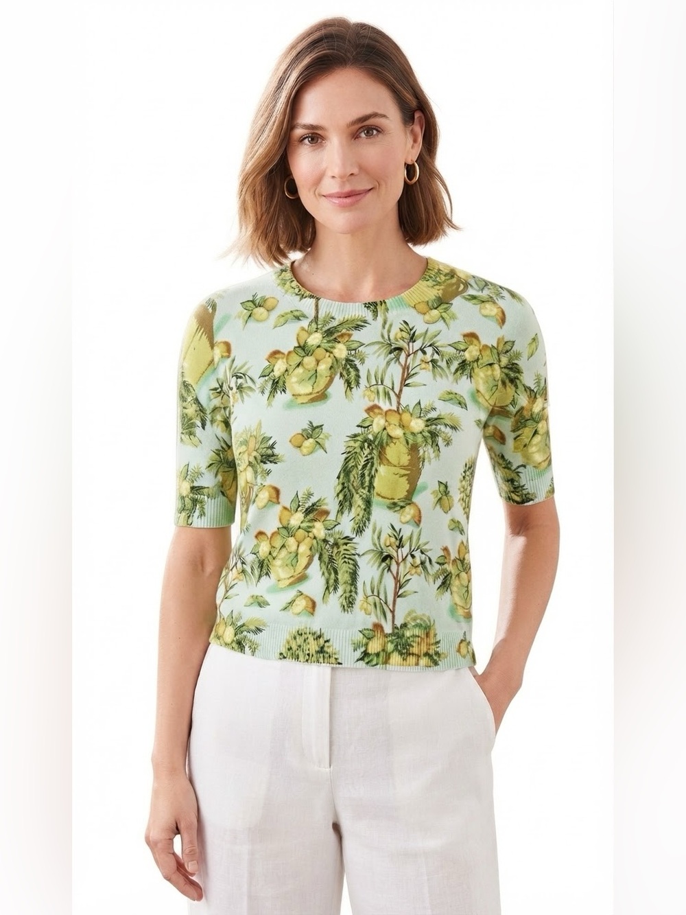 Talbots Lemon Trees Elbow Sleeve Sweater Mint Green Cotton Blend Coastal Size MP